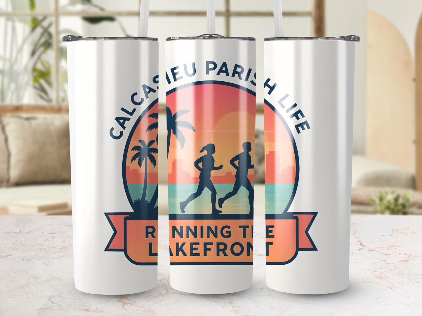 Calcasieu Parish Life Tumbler, Running the Lakefront Graphic Travel Mug, Stainless Steel Insulated Cup