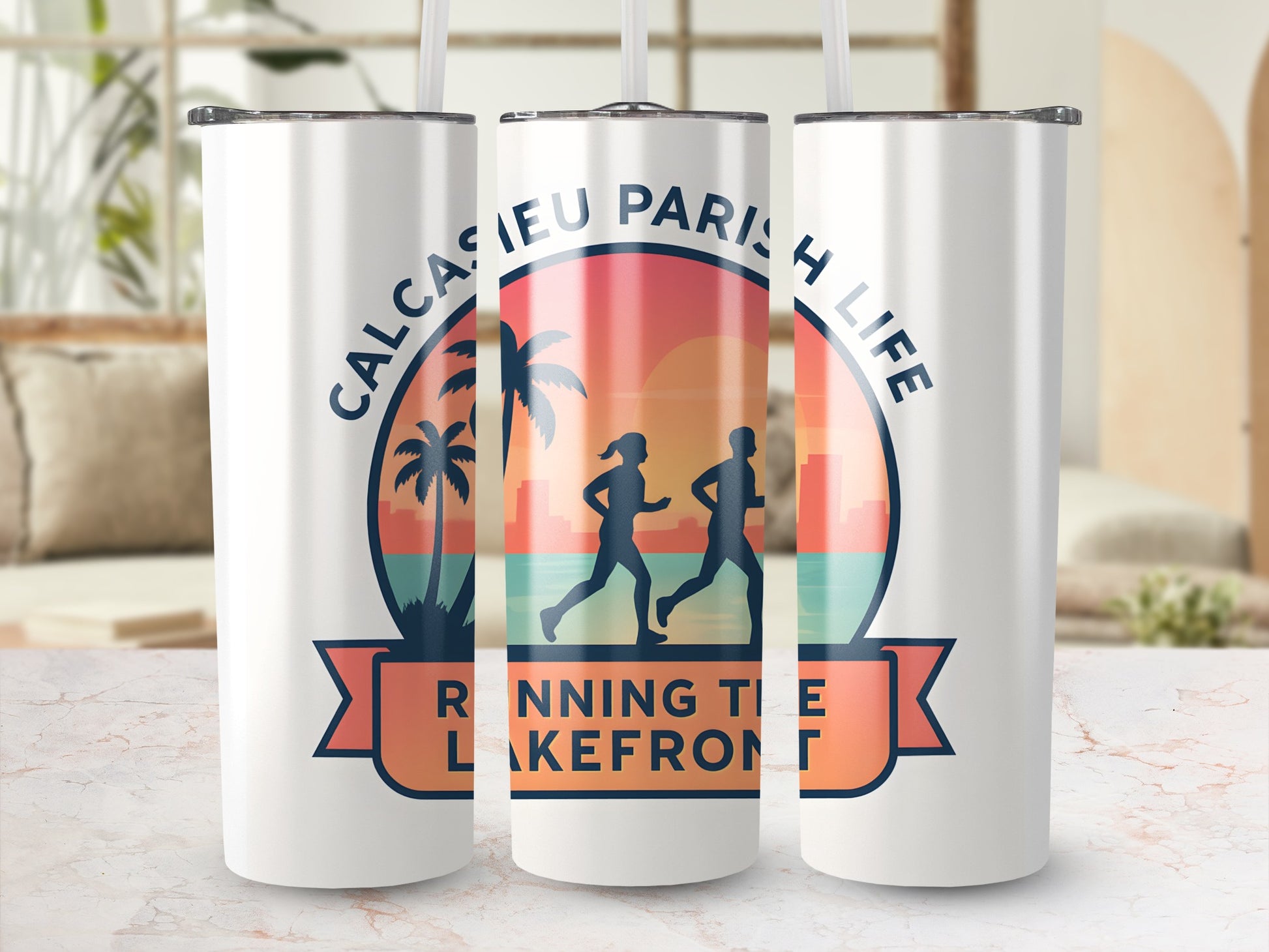 Calcasieu Parish Life Tumbler, Running the Lakefront Graphic Travel Mug, Stainless Steel Insulated Cup